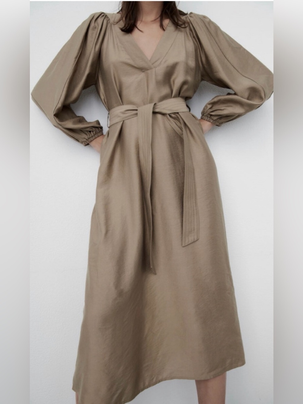 Zara Taupe Long-Sleeve V-Neck Belted Midi Dress